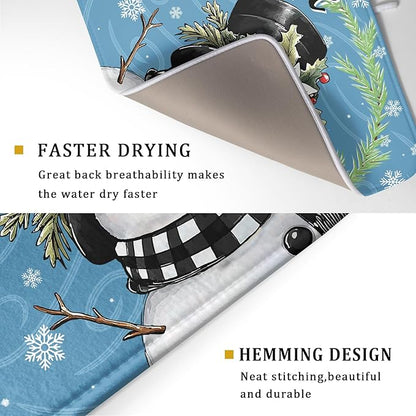 Christmas Snowman Dish Drying Mat for Kitchen Counter 18x24 Blue White Snowflake Welcome Winter Holiday Absorbent Reversible Microfiber Drying Mats Kitchen Countertop Protector Dishes Drainer Rack Pad