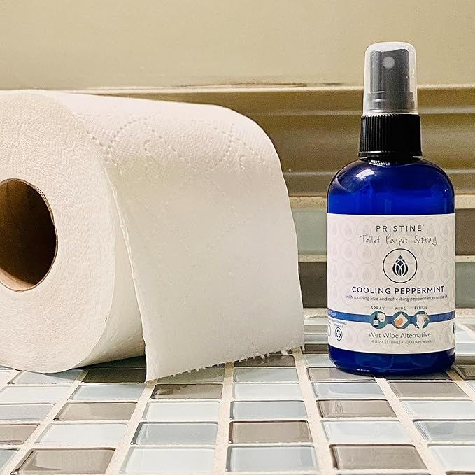PRISTINE Toilet Paper Spray, As Seen on Shark Tank, Flushable Wipe Alternative, Personal Cleansing Bathroom Spray for Regular Toilet Tissue, Bidet Alternative, Made in USA, Cooling Peppermint, 4oz