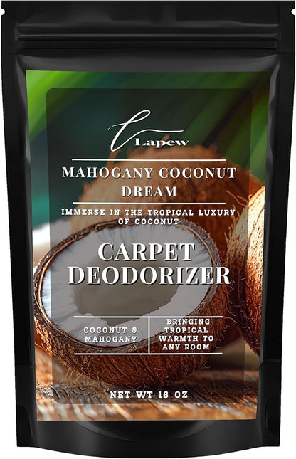 Lapew Mahogany Coconut Dream Carpet Deodorizer Powder - Pet Safe Freshener for Vacuuming | Scented Odor Eliminator for Home | 16 oz