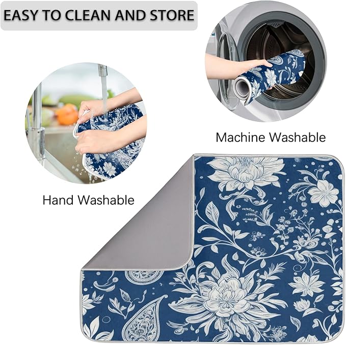 Dish Drying Mats with Hanging Loop for Kitchen Counter - Super Absorbent & Microfiber Sink Dry Mat with Paisley Floral Paisley Floral, Non-Slip Backing, Dishes, Sink, Countertop Protection 18"x24"