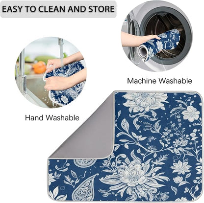 Dish Drying Mats with Hanging Loop for Kitchen Counter - Super Absorbent & Microfiber Sink Dry Mat with Paisley Floral Paisley Floral, Non-Slip Backing, Dishes, Sink, Countertop Protection 18"x24"