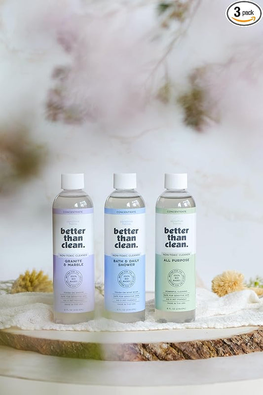 3-Pack Concentrates - Fragrance Free Cleaning Products - Plant-Based Cleaners for Bath, Shower, Stone & All Purpose - Non-Toxic, No Residue, Safe for Sensitive Skin & Surfaces