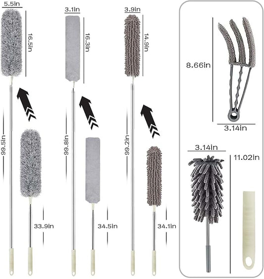 Microfiber Duster Cleaning Kit with 100 Inch Telescoping Extension Pole, Reusable Bendable Dusters, Washable Dusters for Cleaning Ceilings Fan Gray