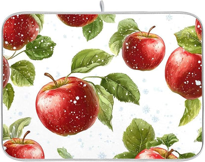 Snowflake with Apple Pattern Dish Drying Mat for Kitchen Counter Super Absorbent Drying Mat 16x18 inch Large Dish Drying Matts for Countertop Protector Dishes Pad
