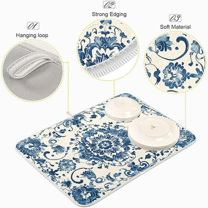 Absorbent Dishes Drainer Mat for Countertop Small Size 16 x 18, Microfiber Blue White Pattern Dish Drying Pads Kitchen Counter Draining Pad