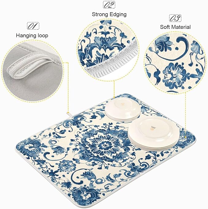 Dish Drying Mat Kitchen Mat Large Size 18 x 24 Blue White Floral Washable Dishes Drainer Mat for Countertop