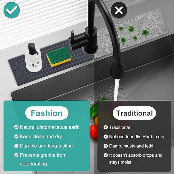 Stone Faucet Mat for Kitchen Sink Trays Diatomite Quick Dry Around Faucet Mats Water Absorbent Stone Drying Mat for Kitchen Counter Tray for Bathroom Sink Protector Splash Guard