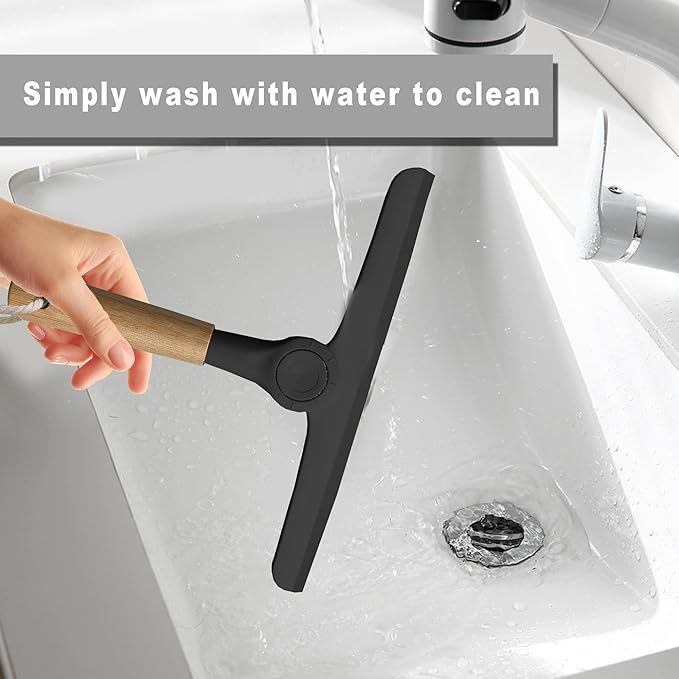 Show Squeegee for Glass Door Bathroom Squeegee with Bamboo Handle Show Wiper for Glass Door Window Tile Wall Car Windshield Mirror (Black)