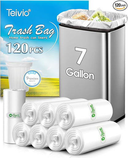 Teivio 7 Gallon 120 Counts Medium Garbage Bags 6 Gallon 7 Gallon Trash Bags, Waste Basket Liner, Bathroom Trash Can Bin Liners, Plastic Bags for home office kitchen, Clear