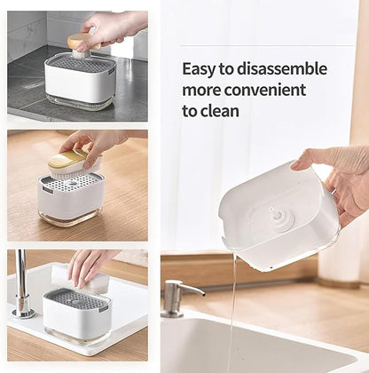 Dish Soap Dispenser and Sponge Support, Sink Soap Pump Dispenser, Liquid Soap Dispenser, Kitchen Detergent Press Box, Suitable for Kitchens, Bathrooms and Sinks (White)