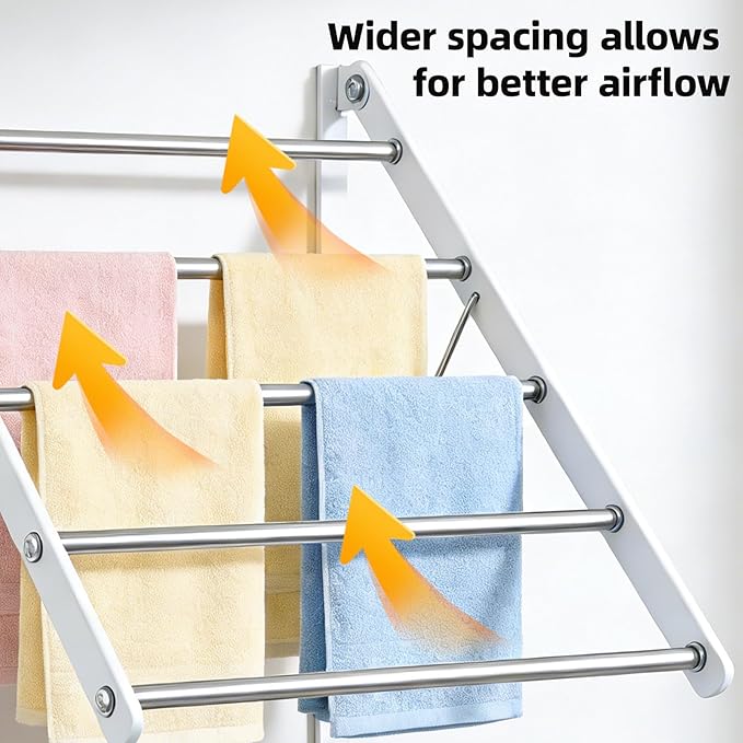 Wall Mounted Clothes Drying Rack, 24'' Retractable Foldable Laundry Drying Rack with 5 Stainless Steel Rods, Space Saving & Easy Installation for Laundry Bathroom Apartments-White