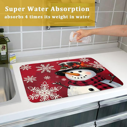 Christmas Snowman Dish Drying Mat for Kitchen Counter 18x24 Xmas Snowflake Winter Holiday Dark Red Absorbent Reversible Microfiber Drying Mats Kitchen Countertop Protector Dishes Drainer Rack Pad