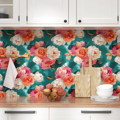 Watercolor Floral Wallpaper Peel and Stick, Blue and Pink Rose Flower Contact Paper Removable Waterproof Self-Adhesive Wall Paper for Bedroom Countertop Desk Cabinets Decor 17.4" x 78" Renter Friendly