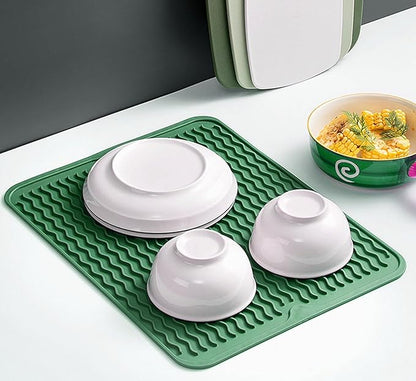 Silicone Dish Drying Mat for Multiple Usage, Easy clean, Eco-friendly, Heat-resistant Dish Drainer Mat for Kitchen Counter,Sink,Refrigerator or Drawer liner (18" x 16", Dark Green)