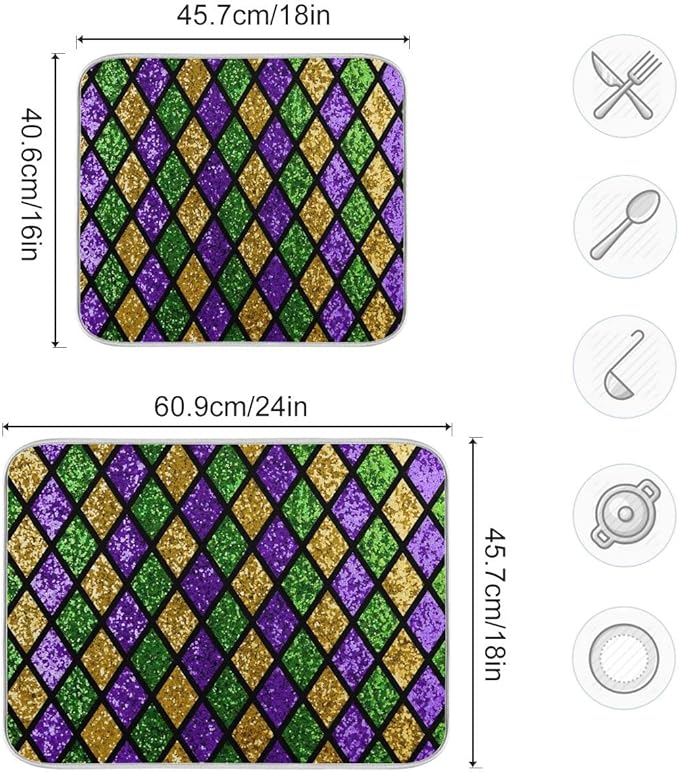 Mardi Gras Dish Drying Mat for Kitchen Gold Purple Green Buffalo Plaid Microfiber Drying Mats Absorbent Reversible Dish Pad Large Dish Draining Mat 18x24 inch