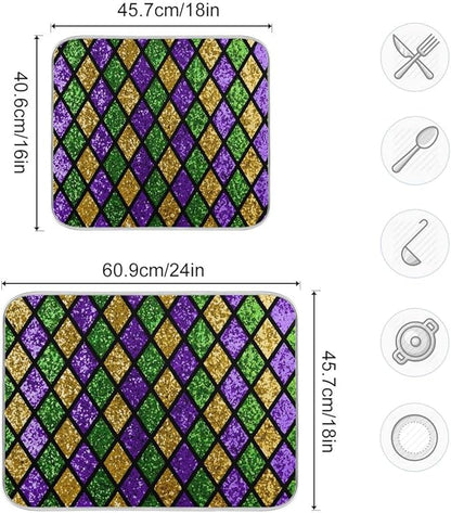 Mardi Gras Dish Drying Mat for Kitchen Gold Purple Green Buffalo Plaid Microfiber Drying Mats Absorbent Reversible Dish Pad Medium Dish Draining Mat 16x18 inch