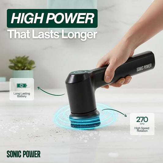 Electric Spin Scrubber – Handheld & Ergonomic, IPX7 Waterproof, 4 Multi-Purpose Brush Heads, Long-Lasting Rechargeable Battery – Cleans Dishes, Bathroom, Tile, Grout & Kitchen (Black)