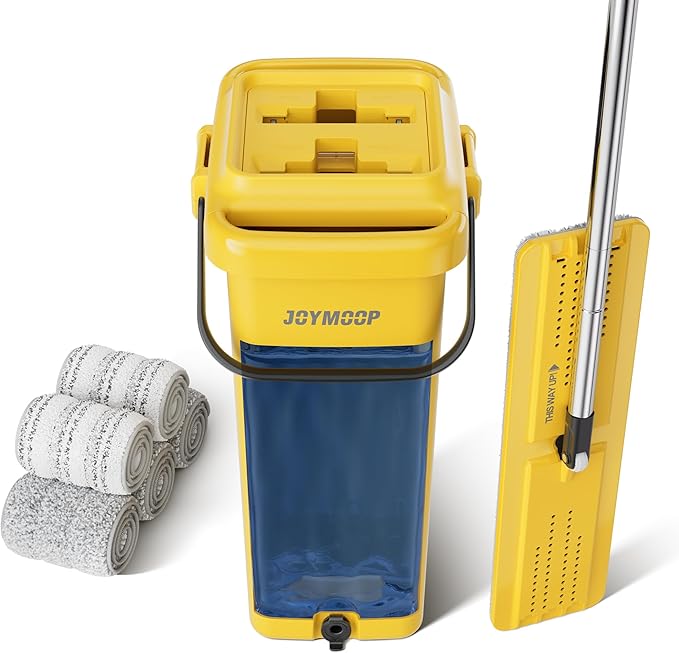 JOYMOOP Industrial Mop and Bucket Set, 17.7-inch Dust Mops for Floor Cleaning, Flat Mop Bucket with Wringer, Include 5 Reusable Microfiber Mop Pads - Yellow