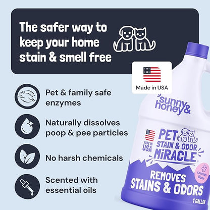 Sunny & Honey Pet Stain and Odor Remover - Enzyme Cleaner for Dog Urine and Poop on Carpets and Furniture - Strong Pet Carpet Cleaner Spray (1 Gallon Lavender)