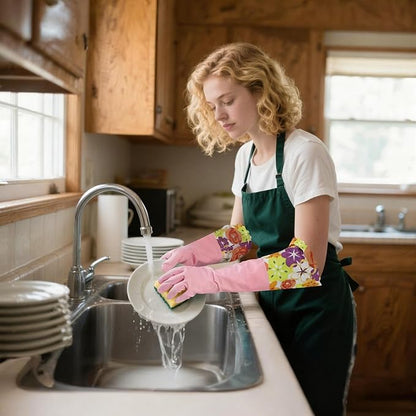 Bamllum 2 Pairs Rubber Cleaning Gloves, Household Kitchen Dishwashing Gloves with Cotton Flocked Liner, Long Cuff 16 Inches (Yellow+Pink, Medium)