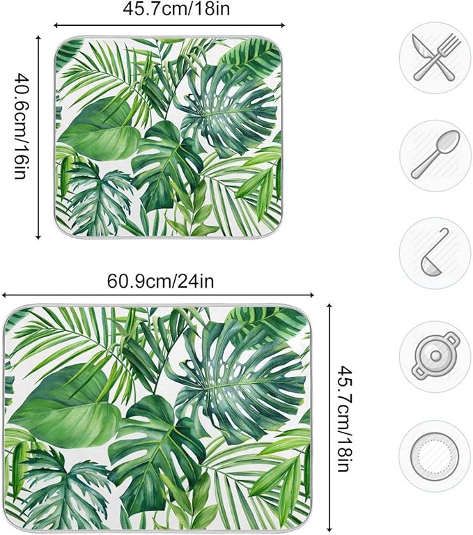 Tropical Palm Leaves Dish Drying Mat for Kitchen Counter Green Monstera Leaf Absorbent Microfiber Drying Pad, Large 18x24 in, Reversible Drainer Mats