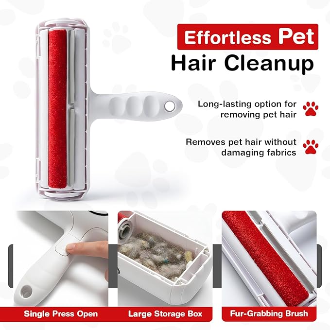YOLLO Roller Pet Hair Remover - Portable Dog Hair Remover - Self-Cleaning Pet Hair Remover with Built-in Fur Bin, Reusable Lint Remover for Dog & Cat Hair on Furniture, Carpet, Sofa, Bed, Car - White