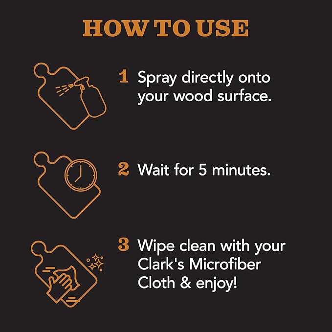 CLARK'S Natural Cutting Board Spray Cleaner, with Microfiber Cloth, for Wood Countertop – Pure Ingredients Filtered Water, Distilled Vinegar, Castile Soap, Lemon & Orange Citrus Oil Extracts, 12oz