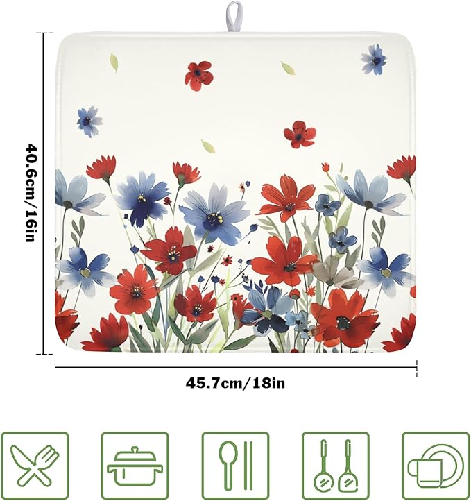 4th of July Floral Dish Drying Mat for Kitchen Counter 16 x 18 Inch Patriotic Dish Drainer Mat Absorbent Microfiber Independece Day Dish Rack Pad for Coffee Dining Bar Decor