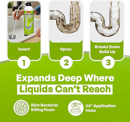 TurboFoam Drain Foam Cleaner, Expanding Enzyme Formula, Deep-Cleans Pipes, Dissolves Fat, Oil & Grease, Stops Odors at the Source – Safe for All Plumbing & Septic Systems (Pack of 1)