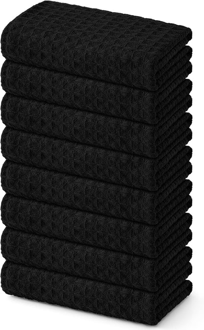 Homaxy Microfiber Waffle Weave Kitchen Towels, 16 x 28 Inch Ultra Absorbent and Solid Color Dish Towels, 8 Pack, Black