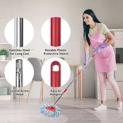 Spin Mop Replacement Set for O-Ceda 2-Tank System, Includes 2 Mop Head Replacement, 1 Mop Handle (30-58in Adjustable 4-Section Pole), 1 Spin Base