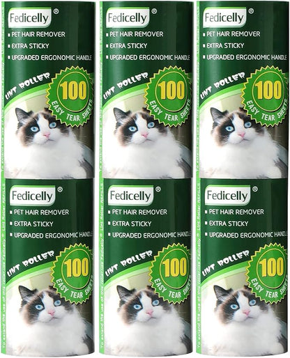 Fedicelly Lint Rollers Pet Hair Extra Sticky Refills,Mega Value Set 600 Sheets for Cat and Dog Hair Removal,100 Sheets Per Roller (Pack of 6)