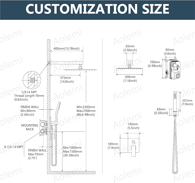 Aolemi Shower Faucet Set Rain Shower System with Handheld Spray Bathroom Shower Combo Rough-in Valve and Shower Trim Kit Included Matte Black 12 Inch Wall Mount Shower Head