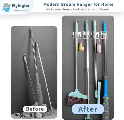 8 Pack Stainless Steel Mop Clips – Heavy Duty Wall Mounted Broom Holders, Rustproof & Tool-Free Install with Back Adhesive or Glue for Home and Garage