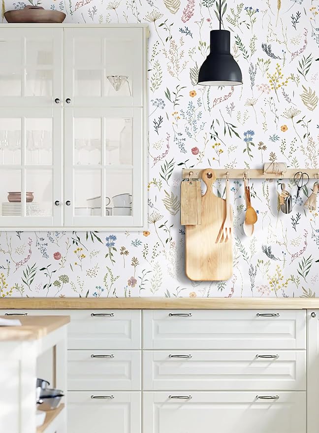 Dimoon 78.7"x16.1" Floral Peel and Stick Wallpaper White Contact Paper Thicken Wallpaper Delicate Flower Waterproof Green Leaf White Self Adhesive Removable Wall Paper Shelf Liner Decal Vinyl Roll