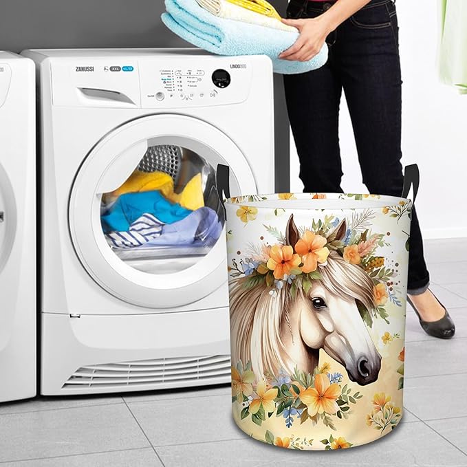 Horse Laundry Basket, 43L Round Oxford Cloth Laundry Hamper, Waterproof Collapsible Storage Organizer Bin with Handles for Toys, Nursery Home Storage, Gift for Chritsmas Thanksgiving 13.8x17.7in