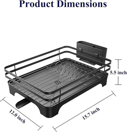 Kitsure Dish Drying Rack - Multi-Functional Dish Rack for Kitchen Counter with Cutlery Holder, Rust-Proof Storage Solution with Rotatable, 15.7" x 12.0" x 5.5", Black
