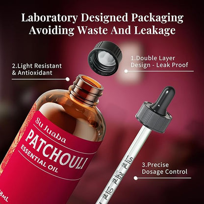 SU JUABA Patchouli Essential Oil 4 Fl Oz, 100% Pure Natural Aromatherapy Oil for Diffuser, Skin Care, Perfume & Soap Making - 118ML