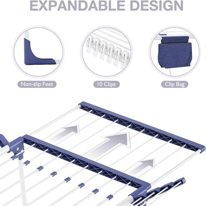 APEXCHASER Clothes Drying Rack - Foldable Laundry Rack Indoor Outdoor, Gullwing Drying Rack Clothing with 10pcs Clips + Bag, Collapsible Space-Saving Clothes Rack for Drying Towels Dolls, White