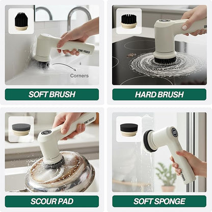 Electric Spin Scrubber – Handheld & Ergonomic, IPX7 Waterproof, 4 Multi-Purpose Brush Heads, Long-Lasting Rechargeable Battery – Cleans Dishes, Bathroom, Tile, Grout & Kitchen (Beige)