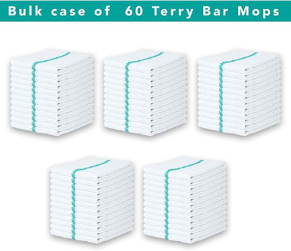 Arkwright LLC Terry Kitchen Bar Mop Towels Bulk Pack of 60 (16 x 19) with Green Center Stripes, Cotton Multipurpose Dish Cleaning Tea Towel for Home, Hotels, Restaurants