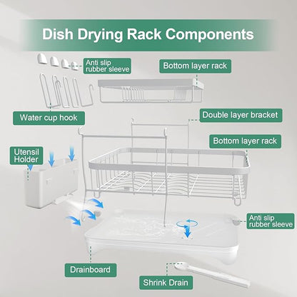 Dish Drying Rack, Two-Tier Dish Drying Rack with Utensil Holder and Cutlery Tray – Auto-Draining Large Capacity Dish Drainer with Drainboard for Kitchen Counter, White