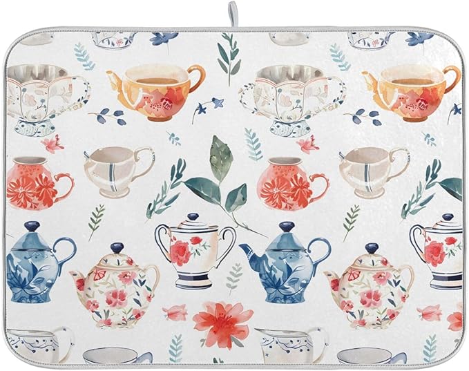 Watercolor Tea Cups Teapots Dish Drying Mat for Kitchen Counter Absorbent Microfiber Drying Pad, Medium 16x18 in, Reversible Drainer Mats