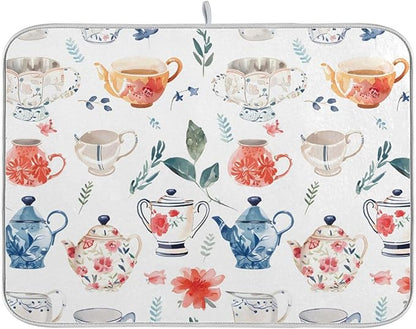 Watercolor Tea Cups Teapots Dish Drying Mat for Kitchen Counter Absorbent Microfiber Drying Pad, Medium 16x18 in, Reversible Drainer Mats