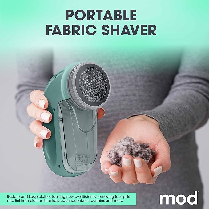 MOD Portable Fabric Shaver and Lint Remover, Reusable Pet Hair Remover, Lint Roller for Clothes, Sweater Shaver, Couch, Blankets, Curtains with Detachable Lint Collector Tank, Battery Operated, Green