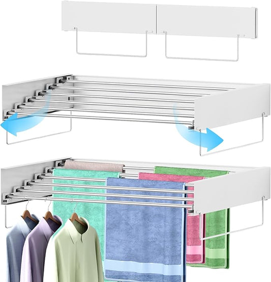 Wall Mounted Clothes Drying Rack, Laundry Drying Rack Clothing Wall Mount, Laundry Hanger Foldable with 2 Towel Handles and Wall Template for Hanging Clothes, Space Saving, 6 Rods, 40 Inch, White