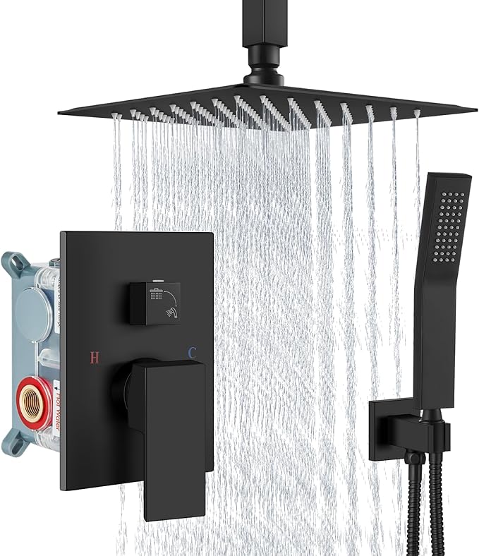 Aolemi Ceiling Mount Rain Shower Head & Handheld Spray with Robust Valve & Trim Kit - Matte Black, 8 Inch Head