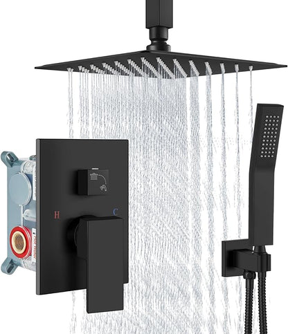 Aolemi Ceiling Mount Rain Shower Head & Handheld Spray with Robust Valve & Trim Kit - Matte Black, 8 Inch Head
