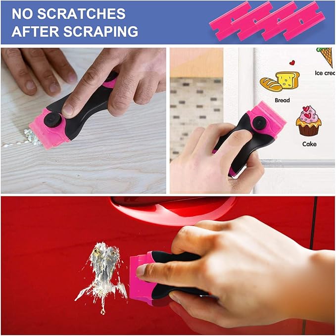 DEKEones Razor Blade Scraper, 2 Pack Double Edged Razor blade Scraper Tool with 30 Pcs Razor Blades, Glass Scraper for Windows, Decals, Tint, Stickers, Labels, Caulk, Adhesive（Pink）
