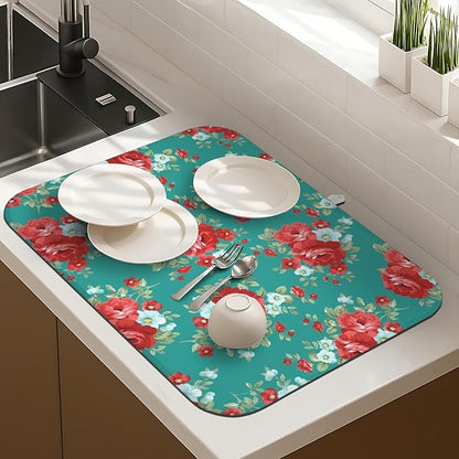 Dish Drying Mat Drainer Pads - Extra Large Microfiber Drying Mats for Dishes Kitchen Counter Super Absorbent Pads for Draining Racks (Green,16"x18" )
